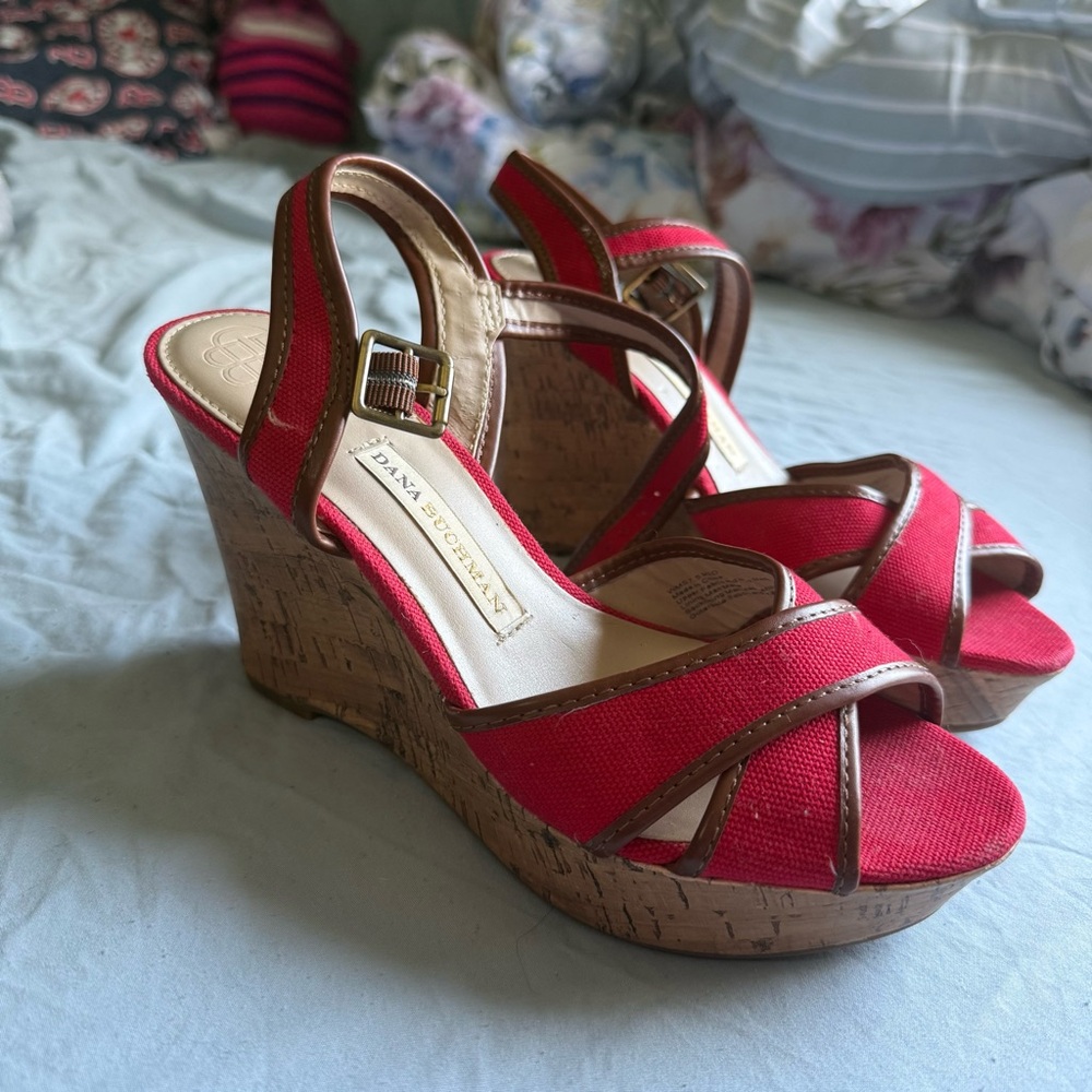 Dana Buchman Red Canvas Cork Wedge Sandals